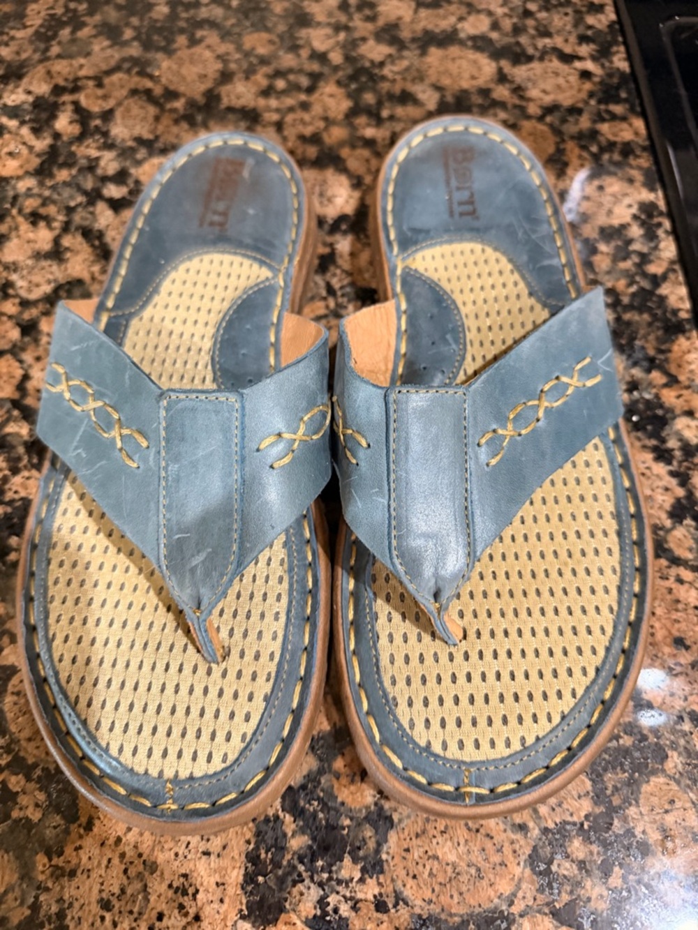 Born Blue and Tan Leather Thong Sandals